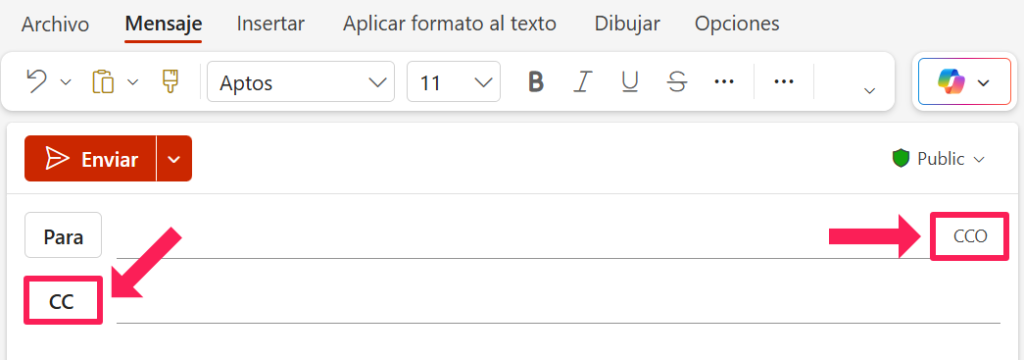 CC vs CCO en Outlook: campos Para CC y CCO en un correo